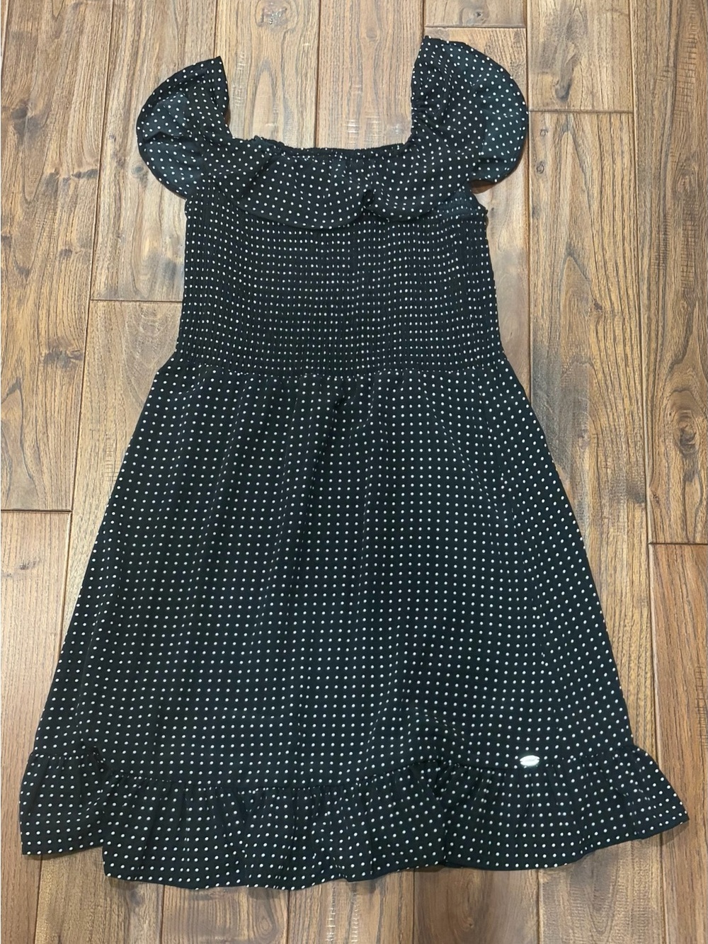 Guess Black Polka Dot Smocked Sundress